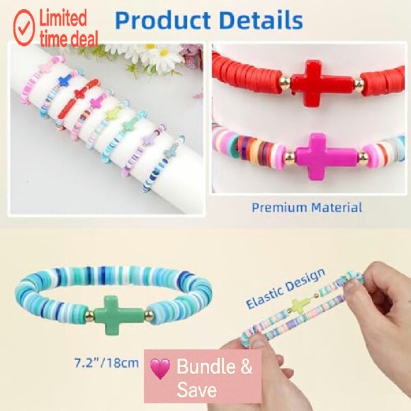 Handmade Polymer Clay Beaded Bracelets, Stretch Fit, Christian Cross Design - Picture 3 of 8